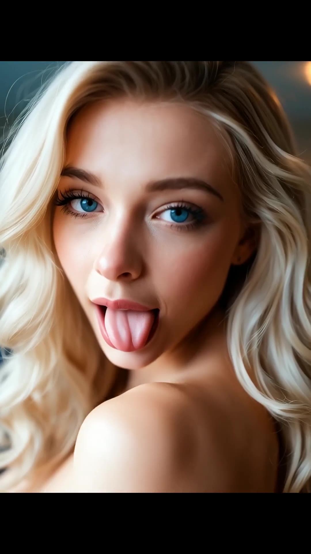 Blue eyed blonde tongue selfie