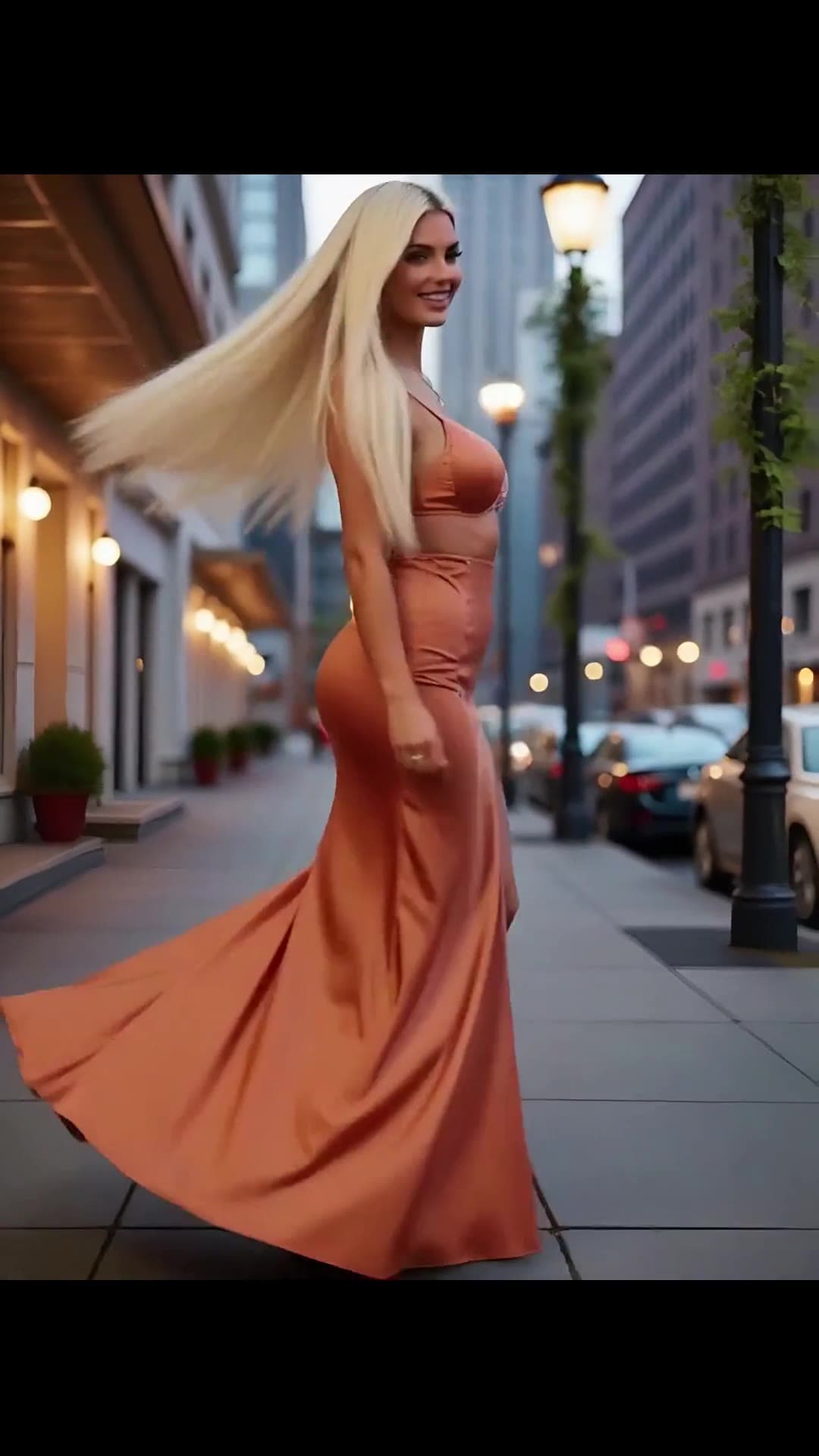 Young adult in orange satin dress