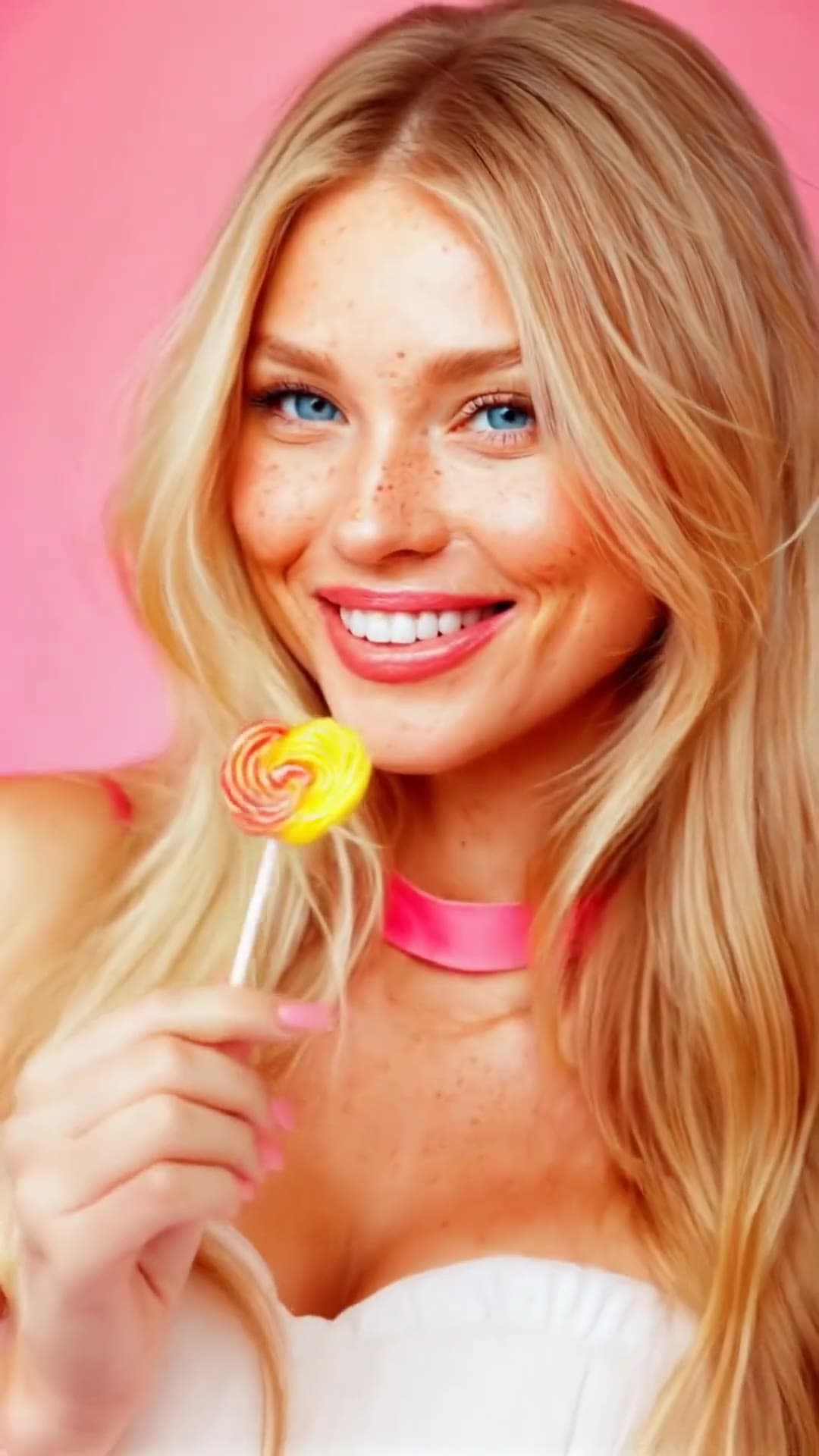 Slim blonde cleavage with pink choker