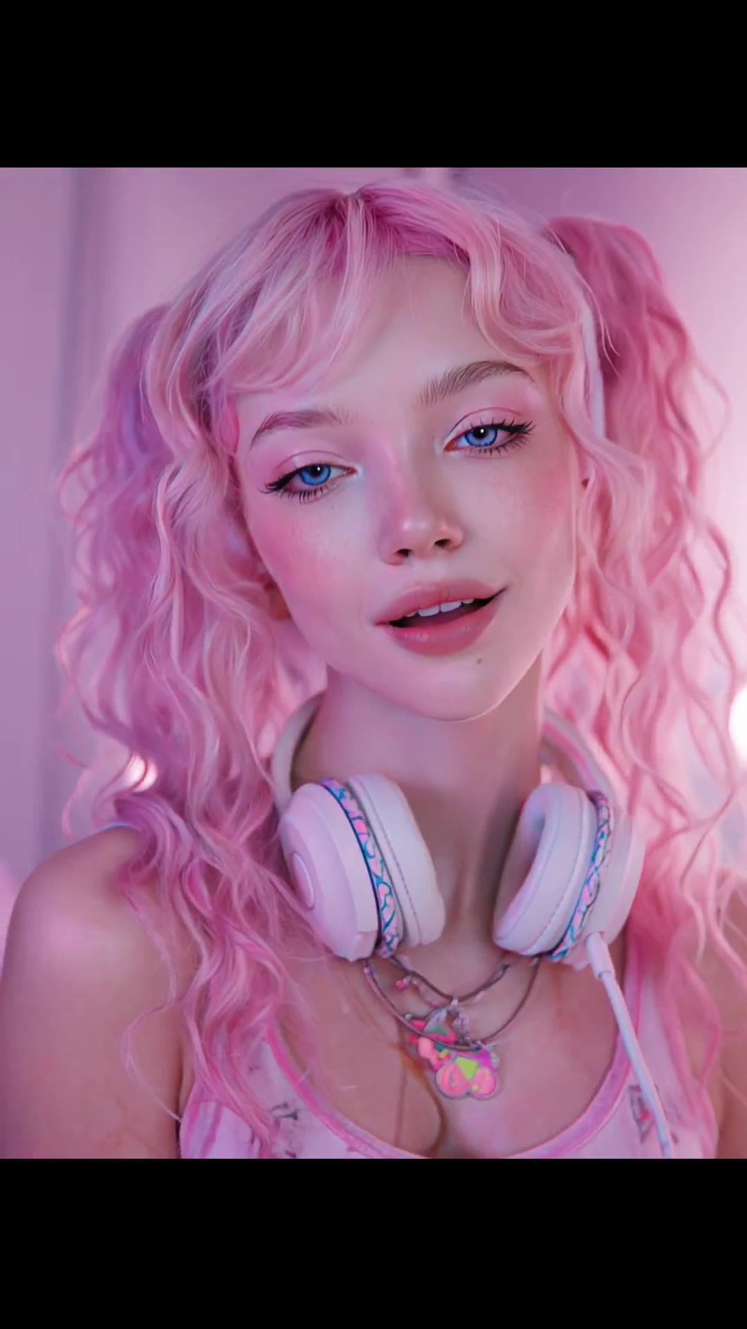 Pink pigtails bedroom selfie