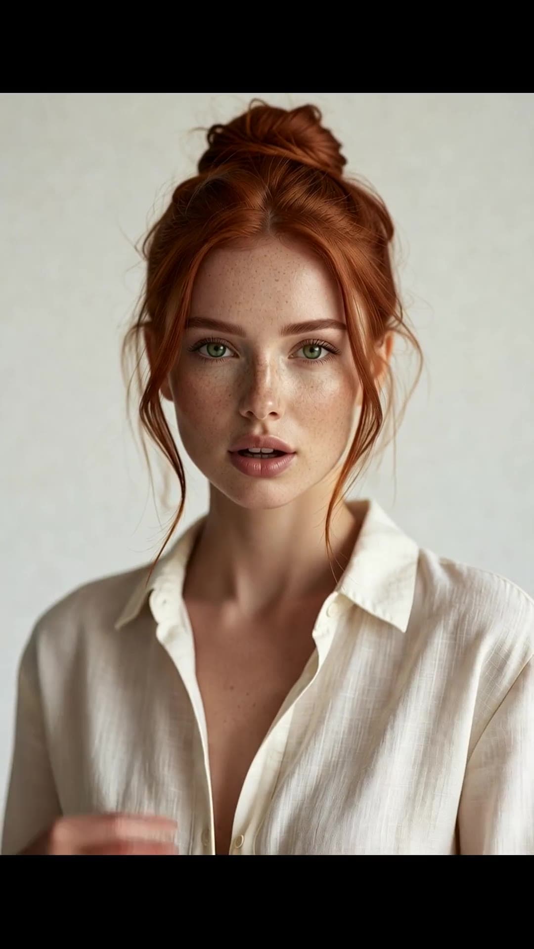 College age redhead open shirt close-up