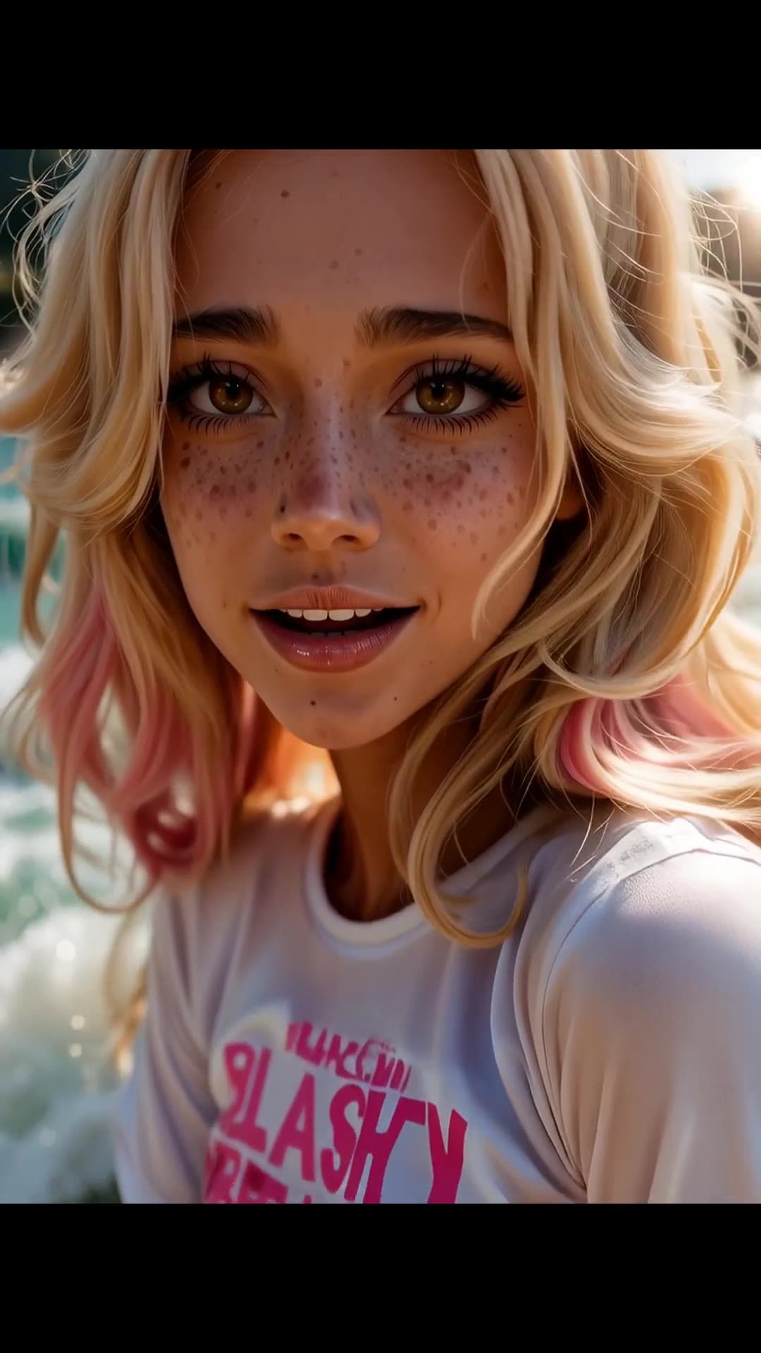 Close-up selfie in white crop top
