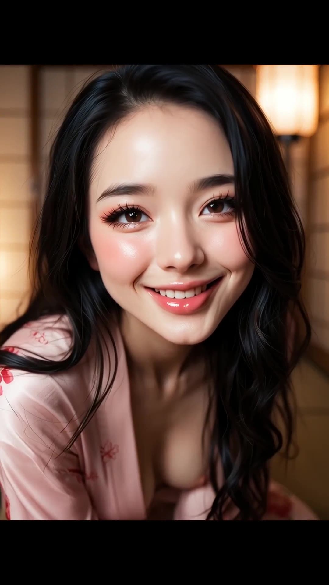 Pink satin robe open in Japanese room