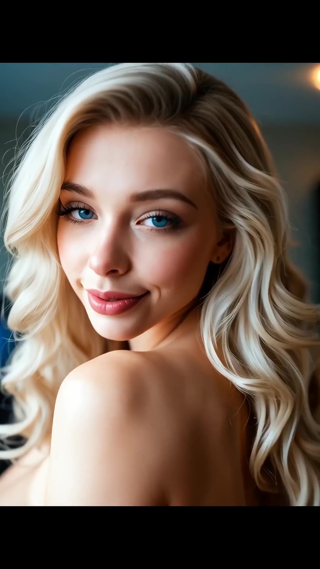 College age platinum blonde bare shoulder close-up