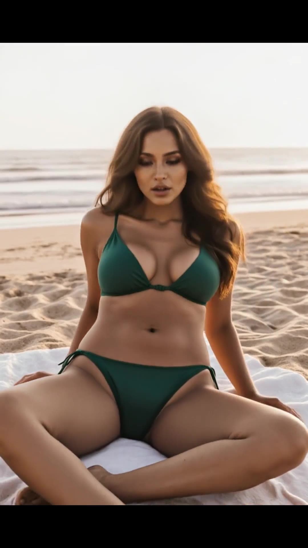 Curvy Asian in green bikini on sand
