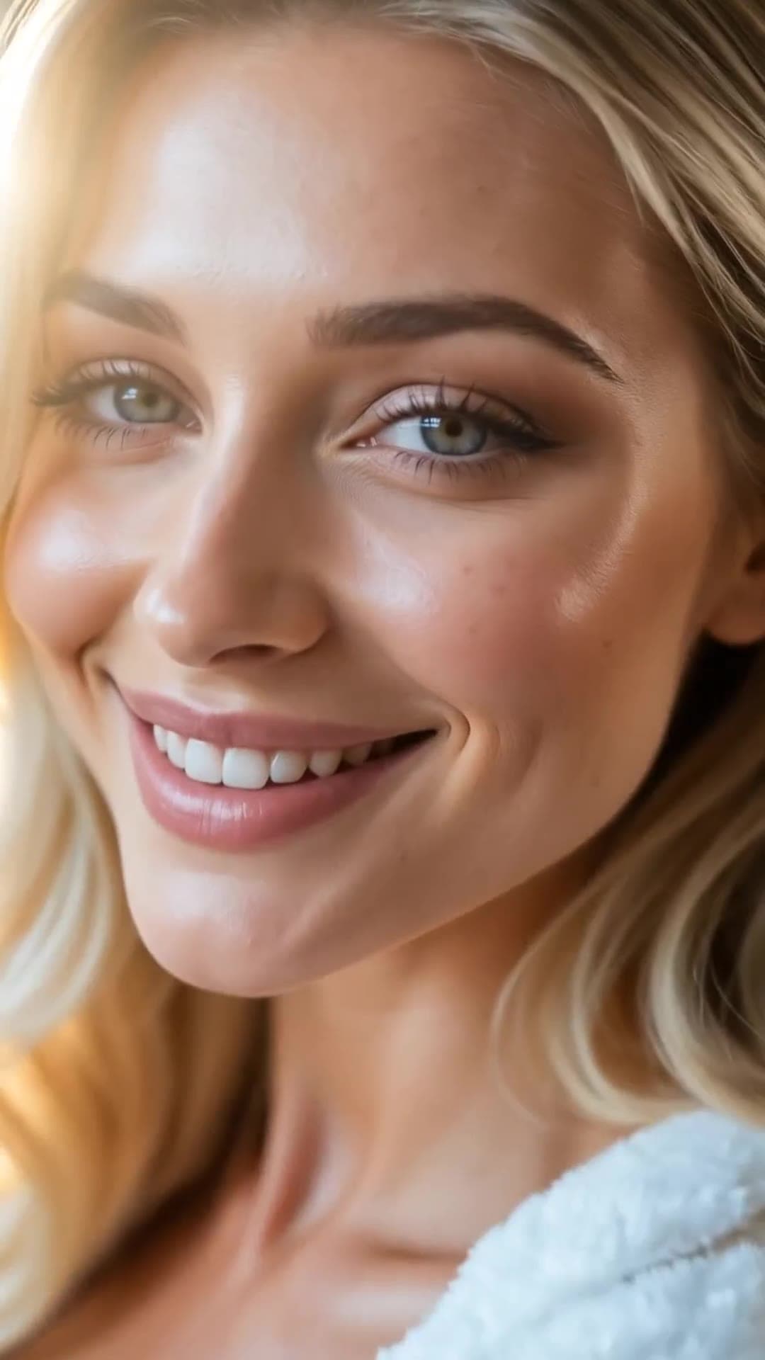 Smiling face close-up in white robe
