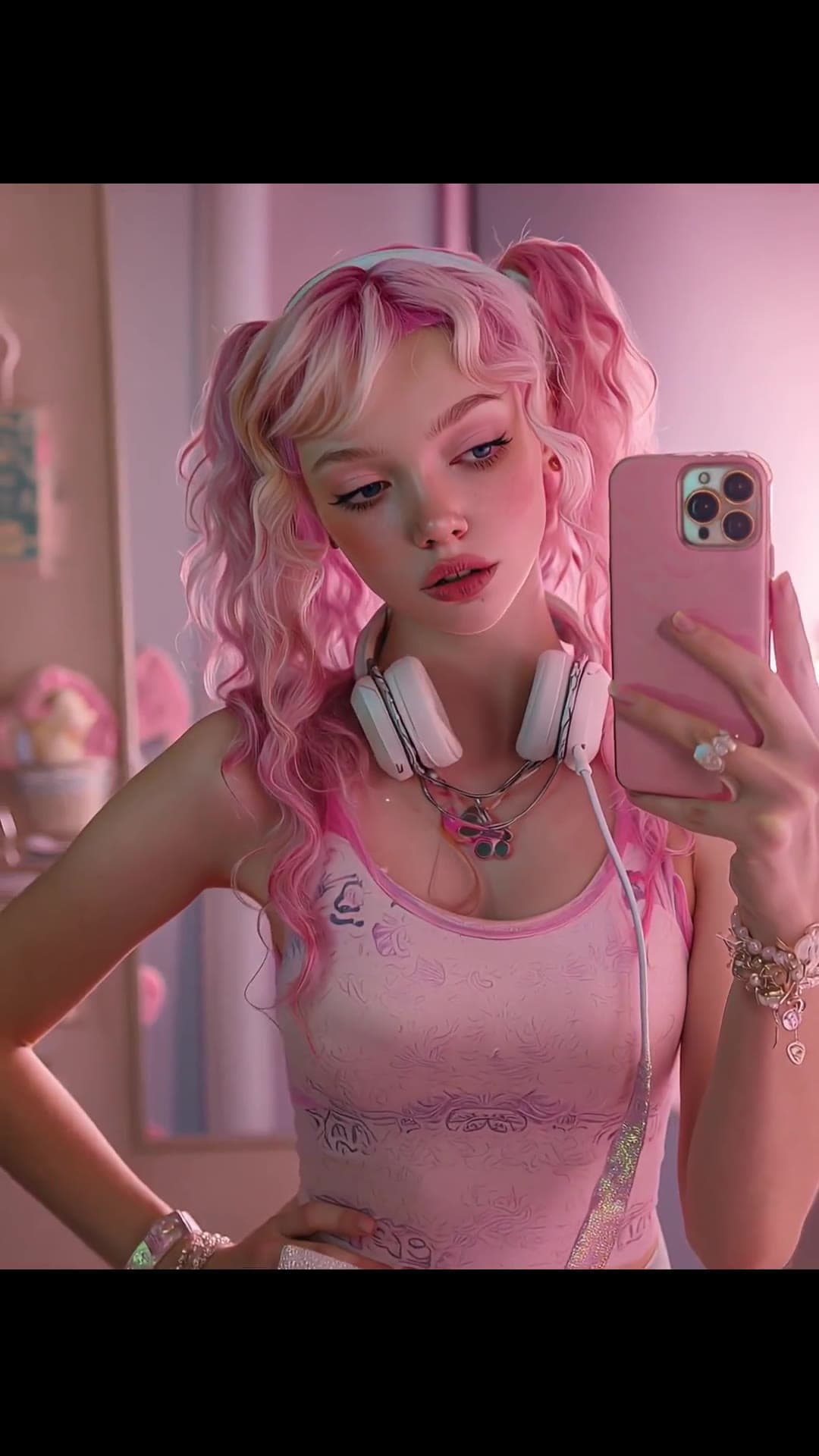 Pink pigtails selfie in bedroom