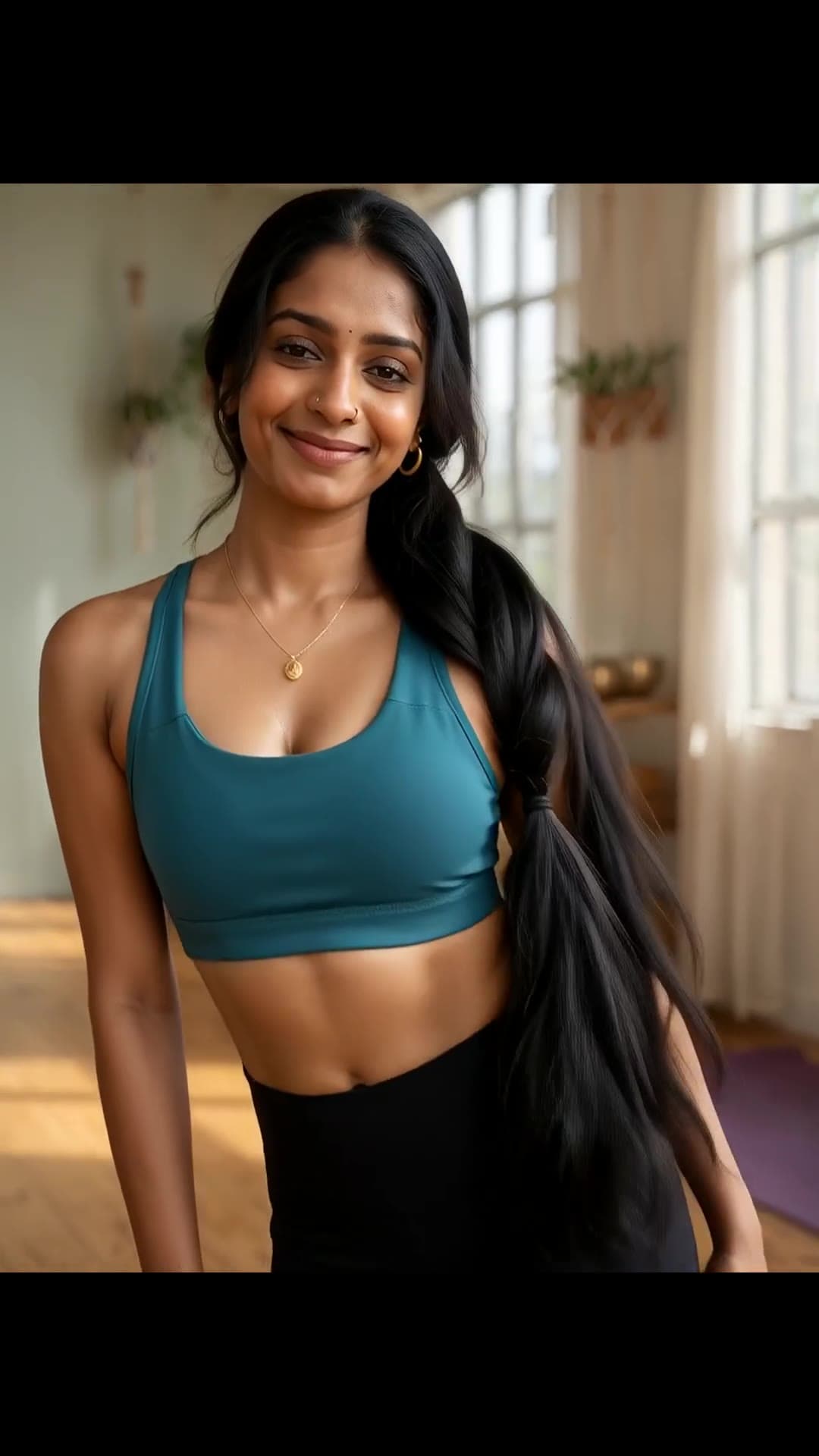 High ponytail studio sports bra pose