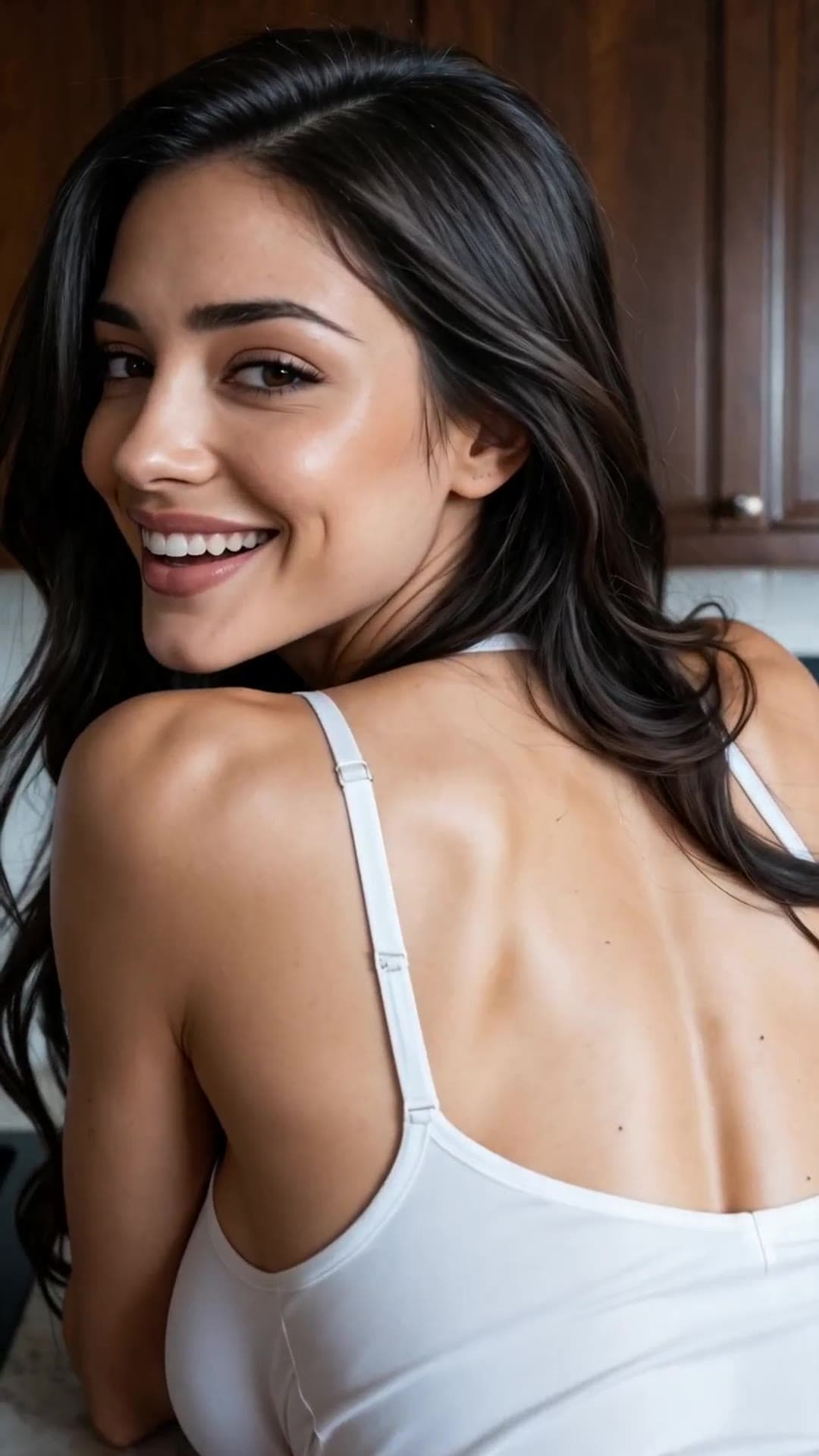 Long wavy dark hair over shoulder