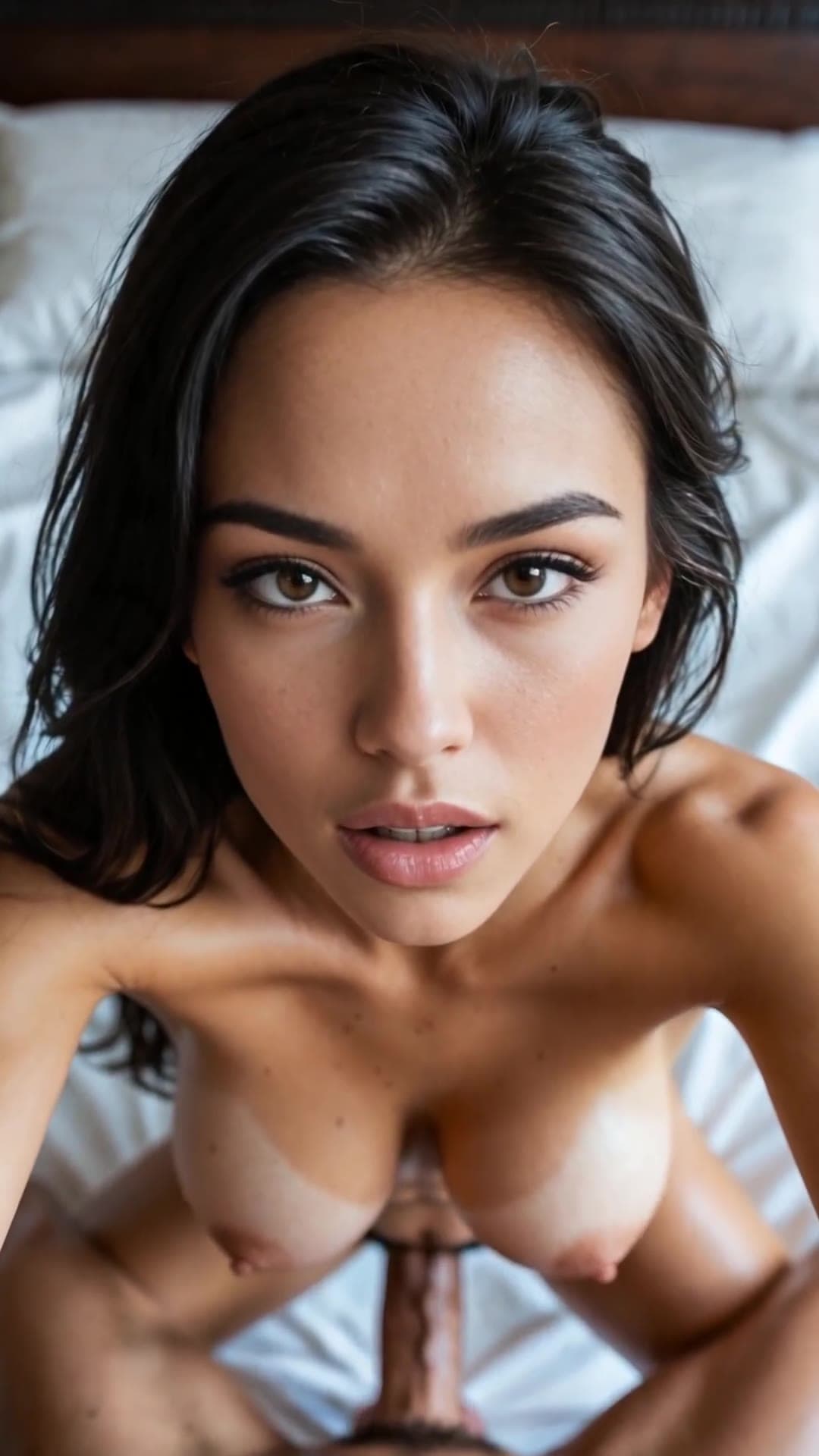 Brunette titfuck POV on white sheets