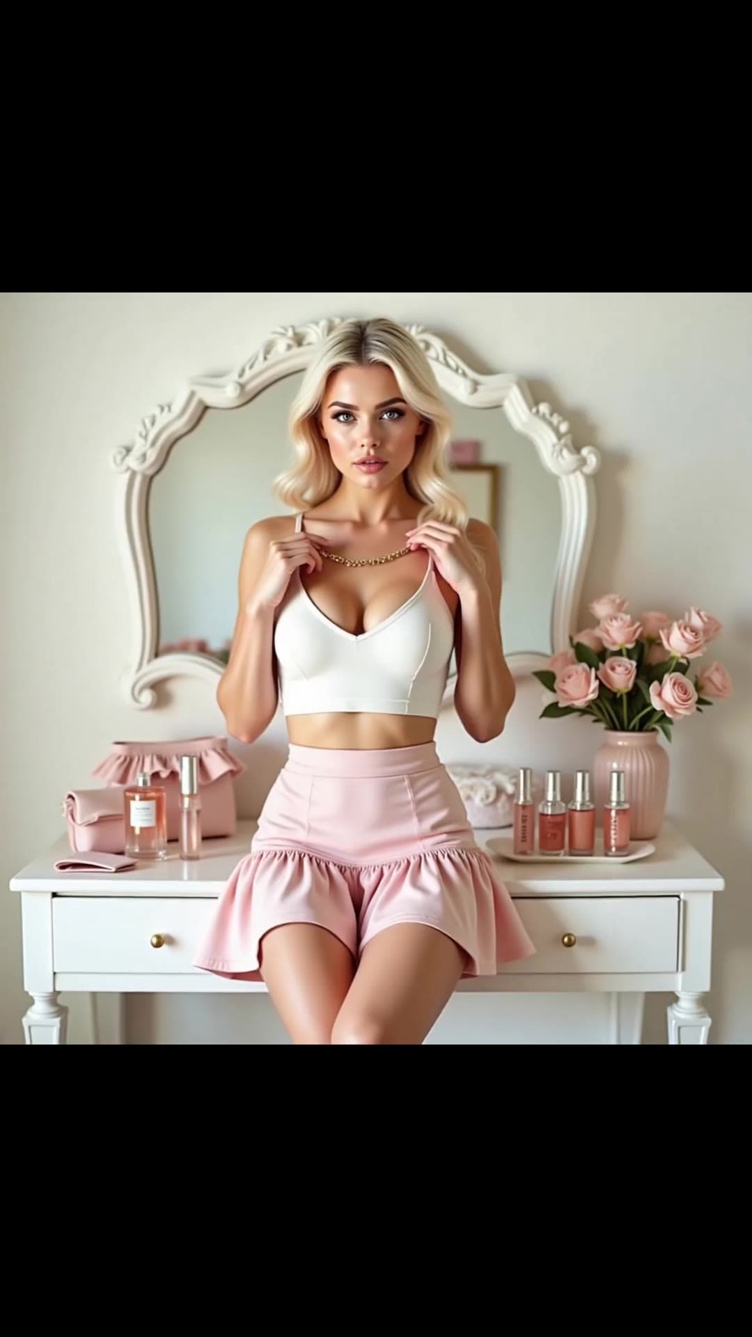 Blonde in crop top at vanity