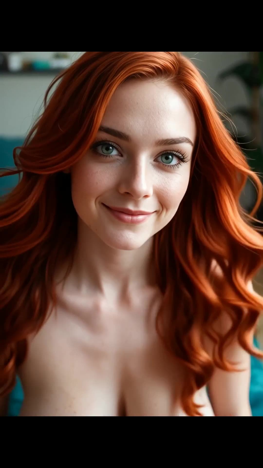 Topless redhead selfie in bedroom