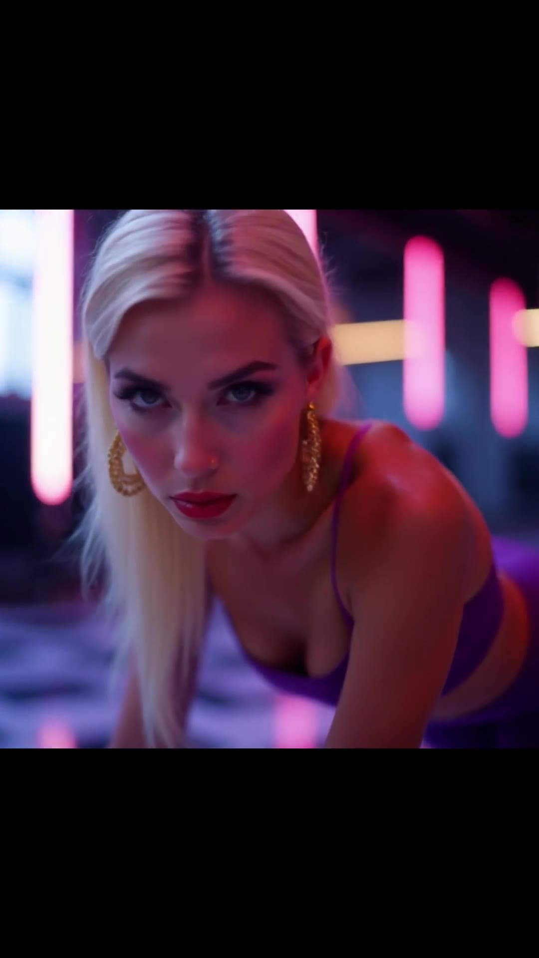 Blonde in purple crop top on all fours