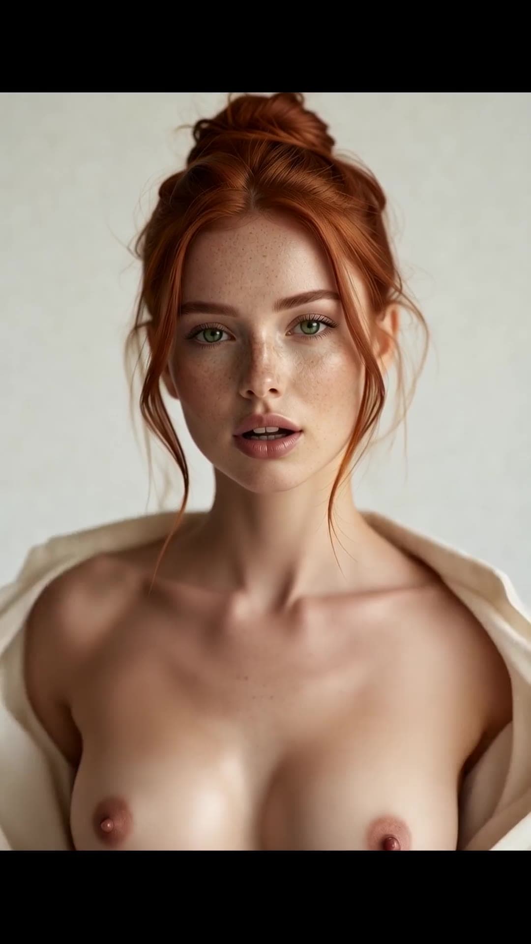 Topless redhead in open white robe