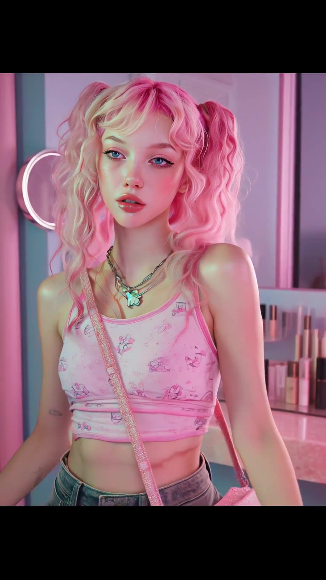 Pink neon vanity room selfie