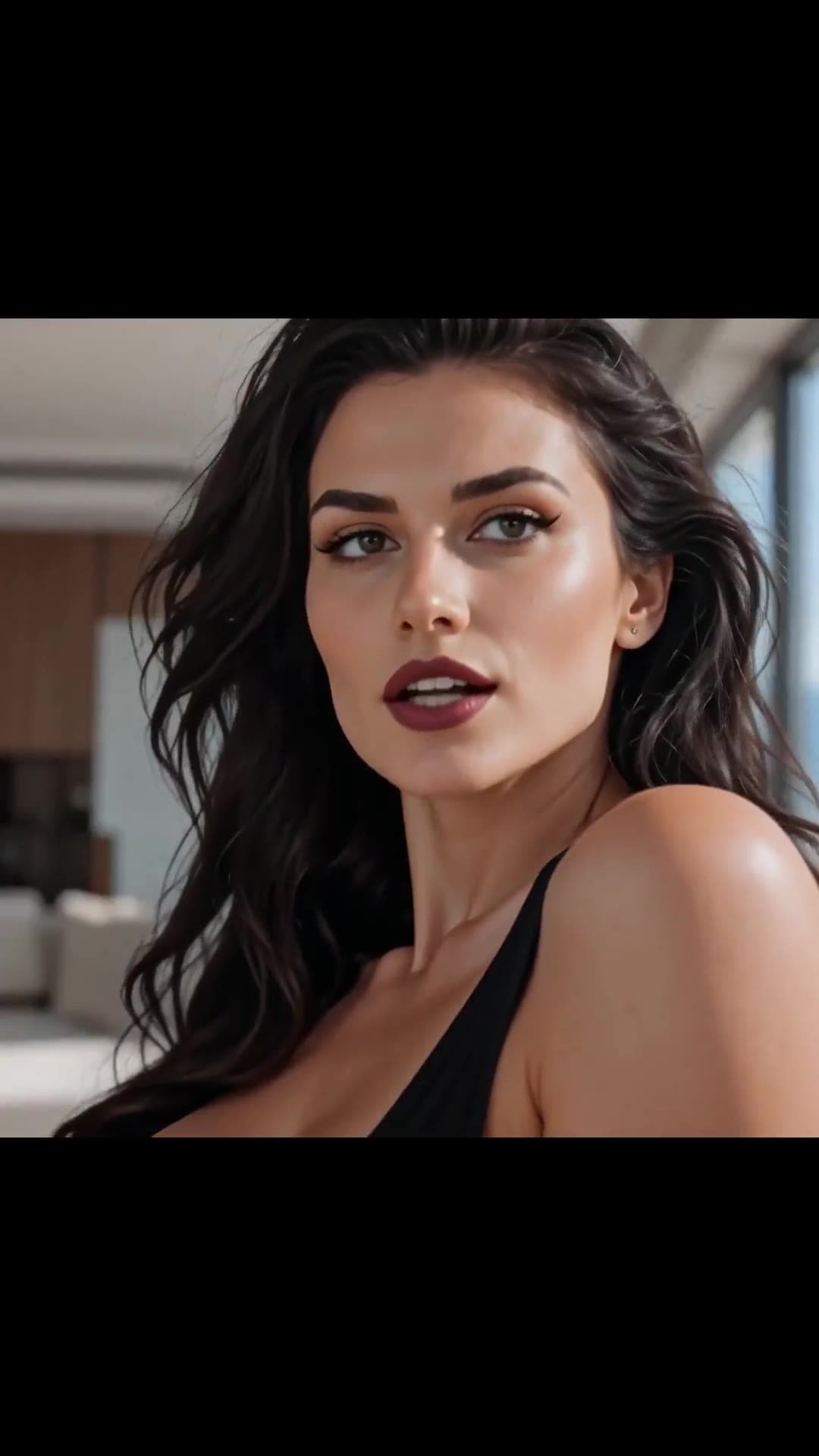 Brunette cleavage over shoulder look
