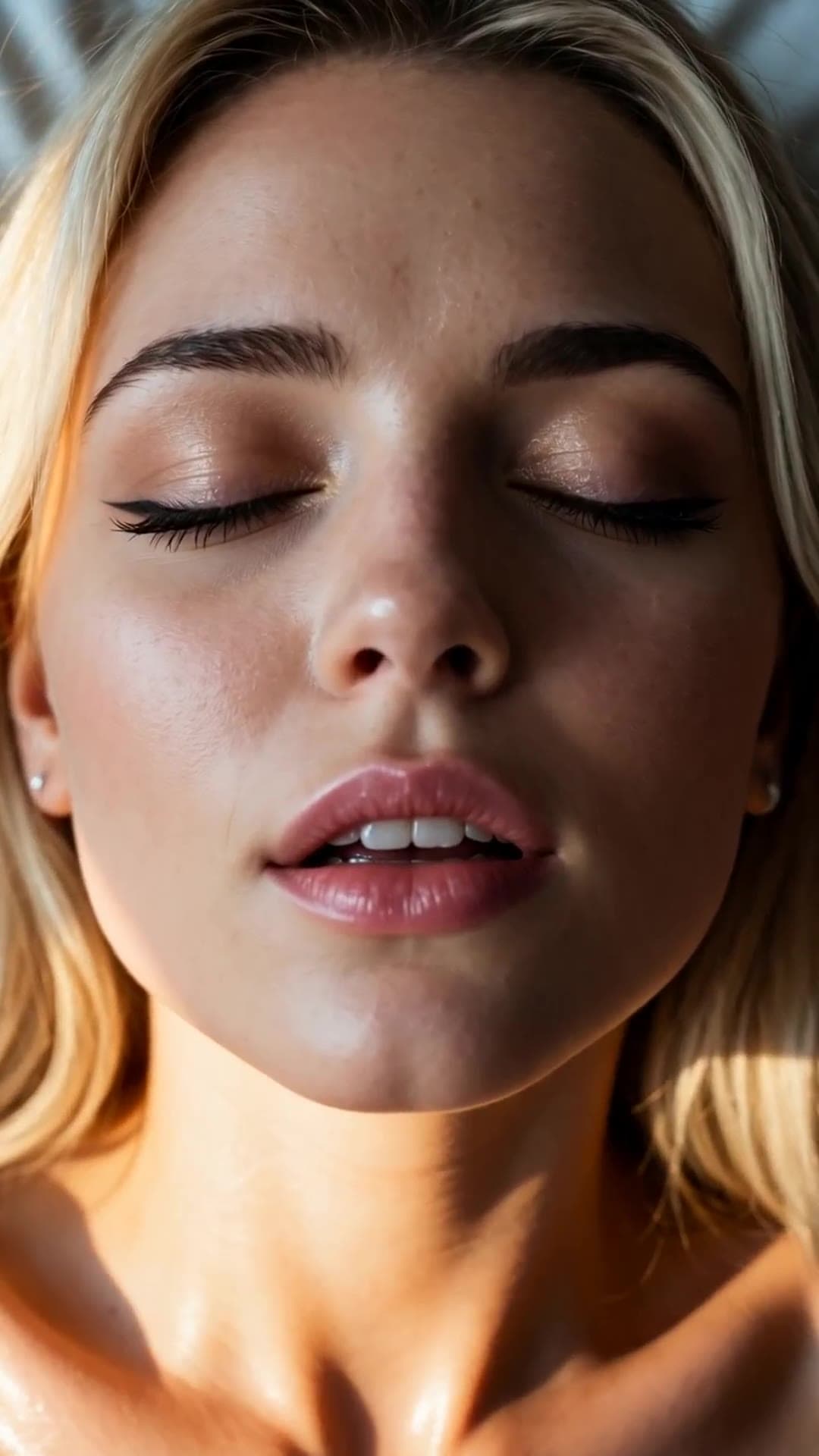Athletic blonde oiled skin closeup