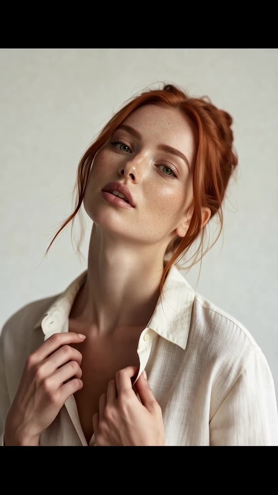 Young adult redhead in open linen shirt