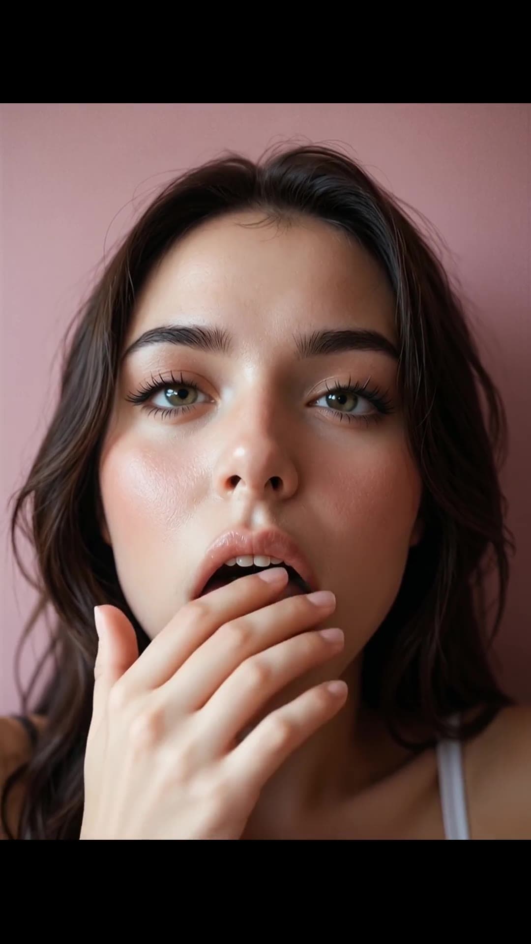 Wavy brown hair green eyes close up