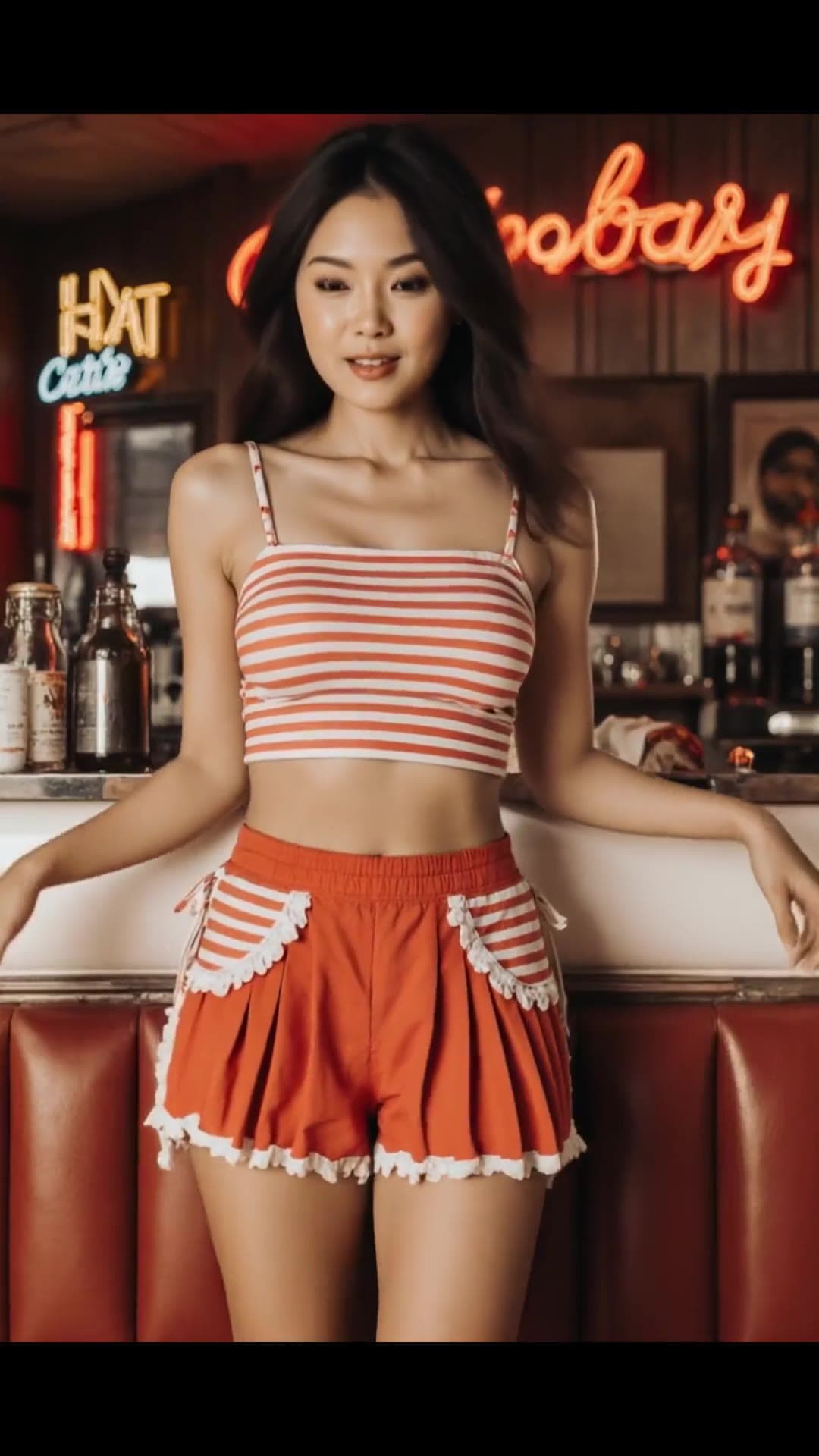 Asian model in striped crop top at bar