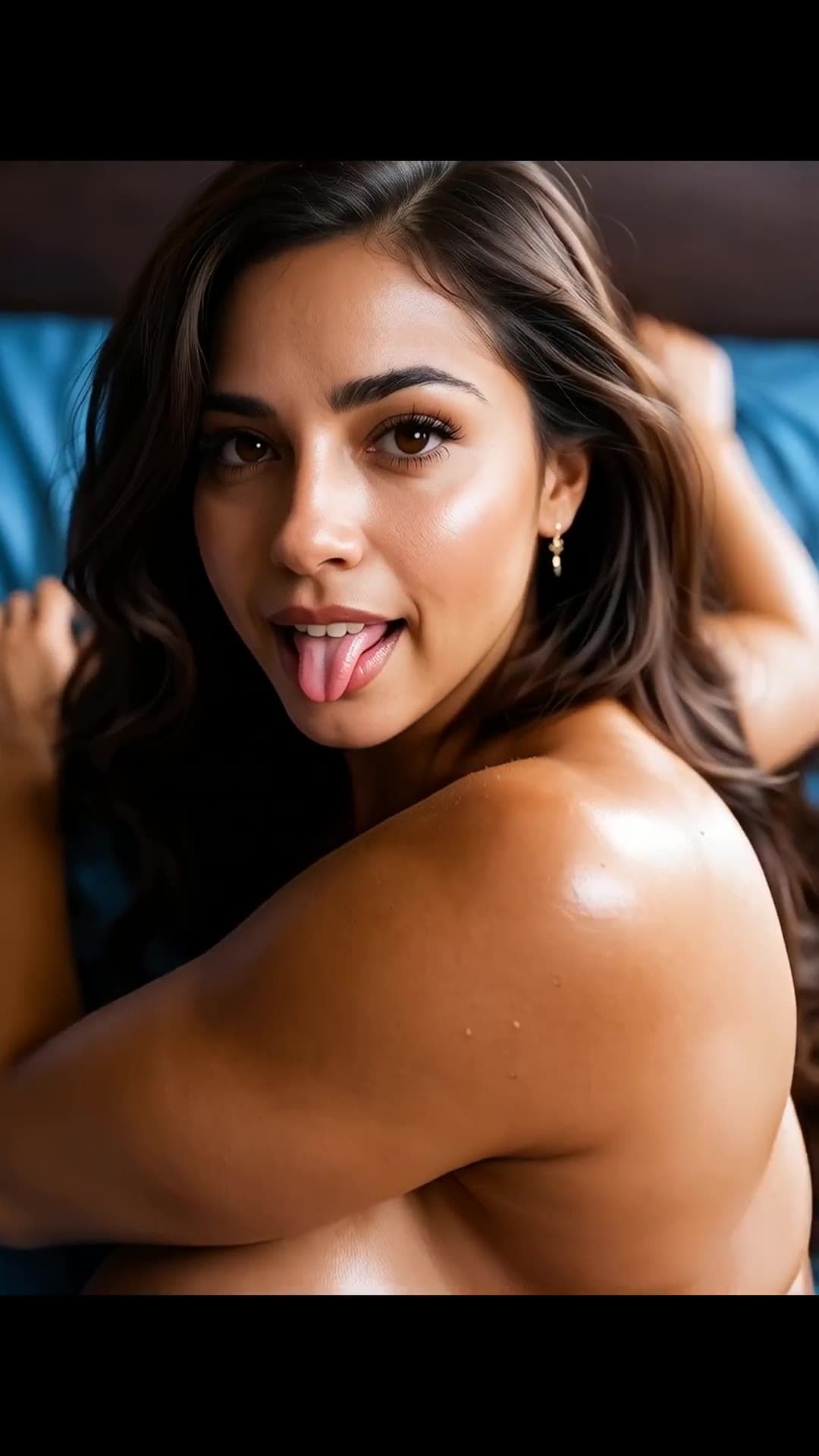 Tongue out topless selfie on blue sheets