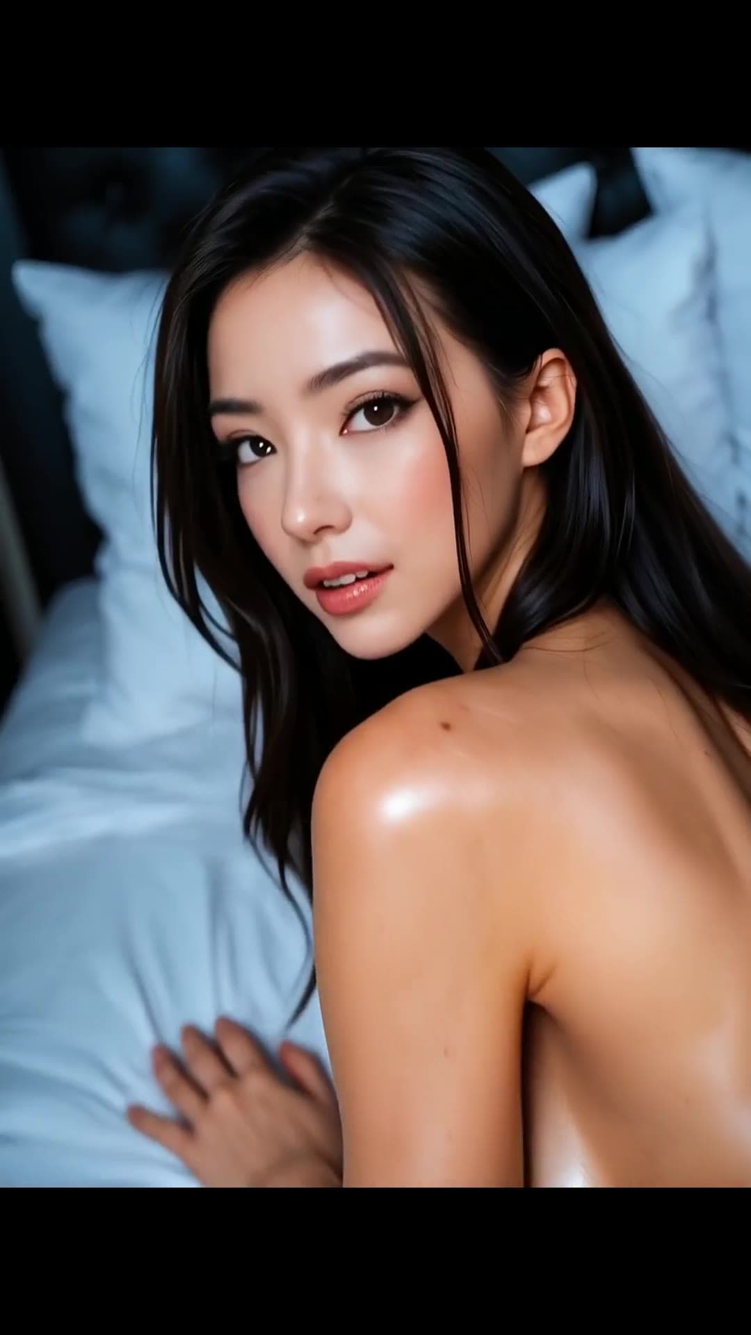 Asian topless over shoulder bedroom