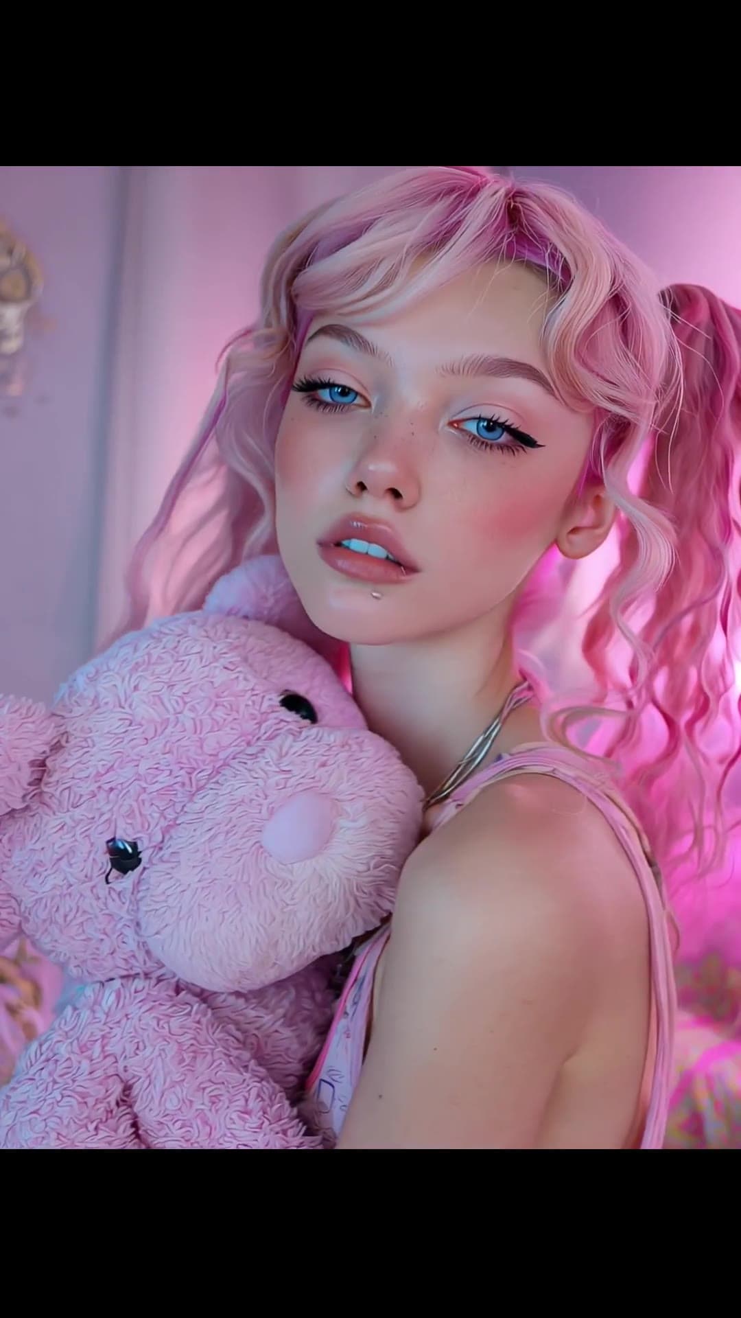 Pink pigtails selfie in bedroom