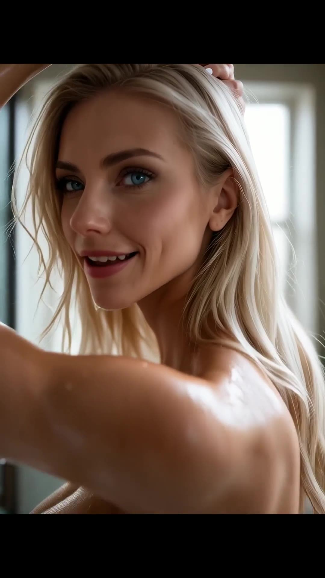Wet blonde hair blue eyes selfie
