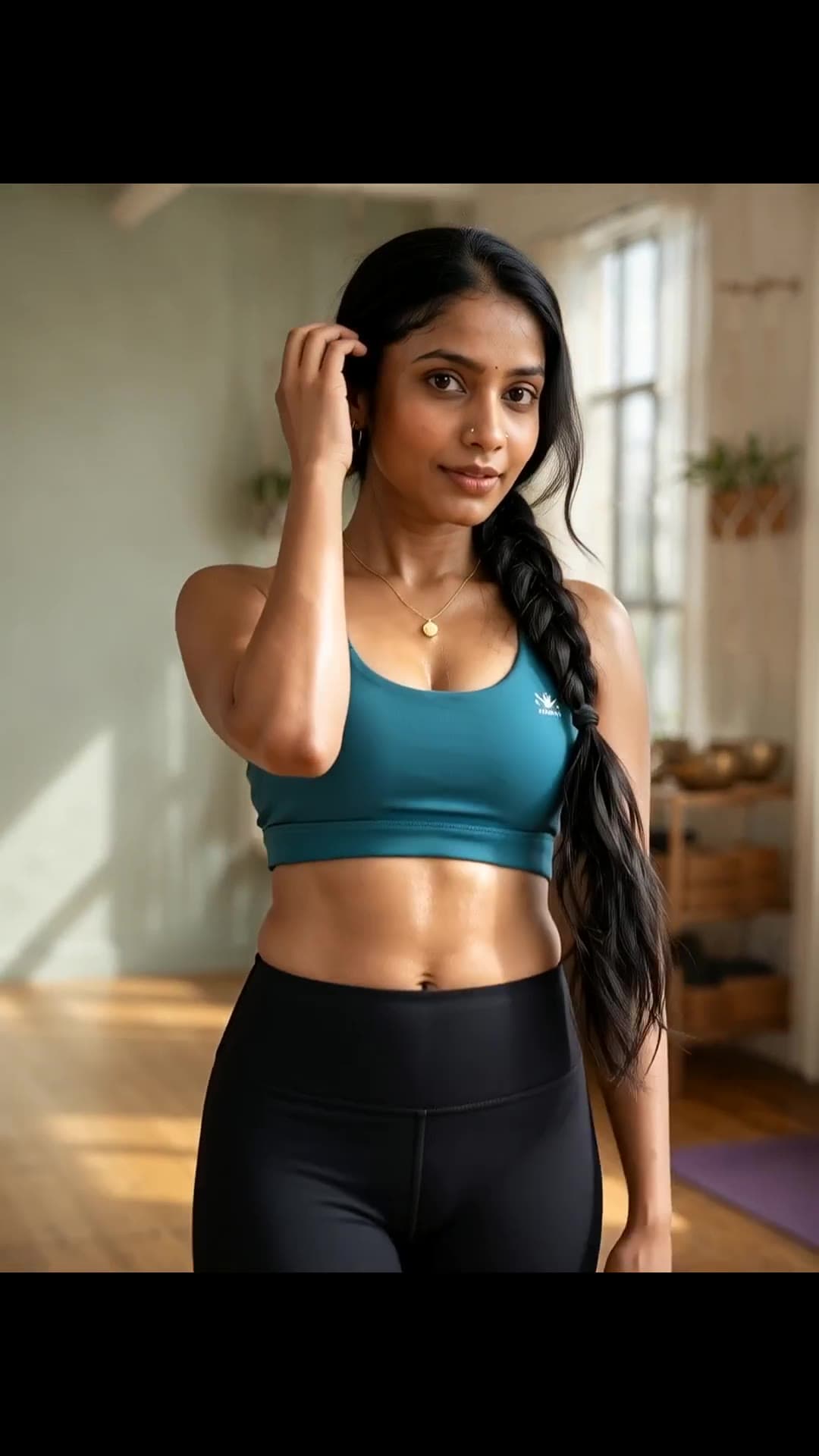 Long black braid yoga studio pose