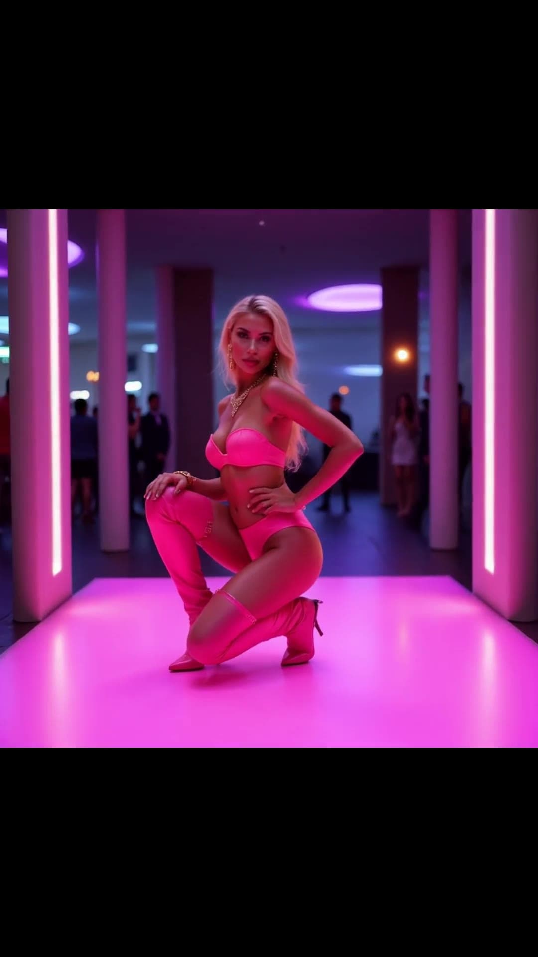 Curvy hips squat in pink club outfit