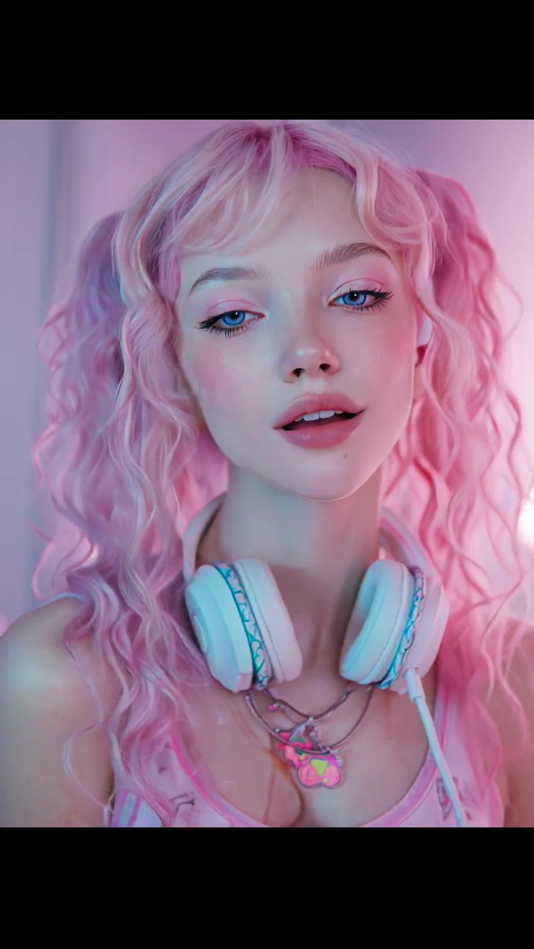 College girl pink pigtails neon selfie