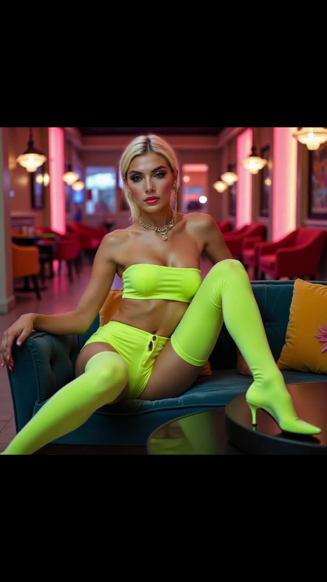 Blonde blue eyes neon lounge pose