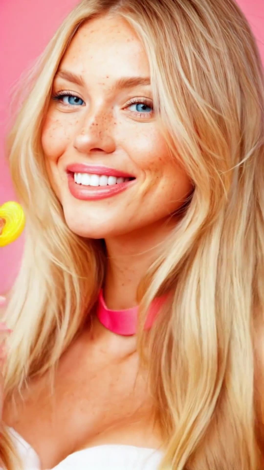 Blonde selfie with pink choker and lollipop