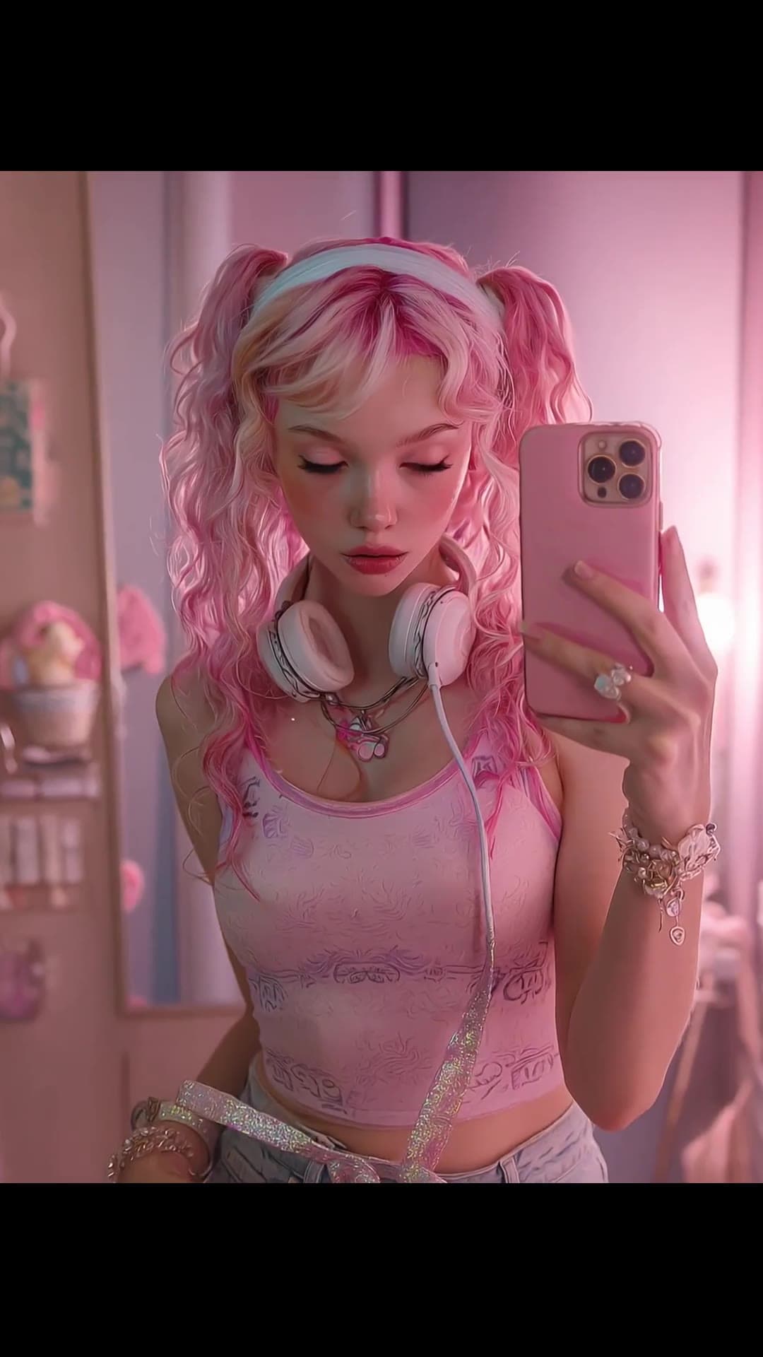 Pink pigtails selfie in crop top