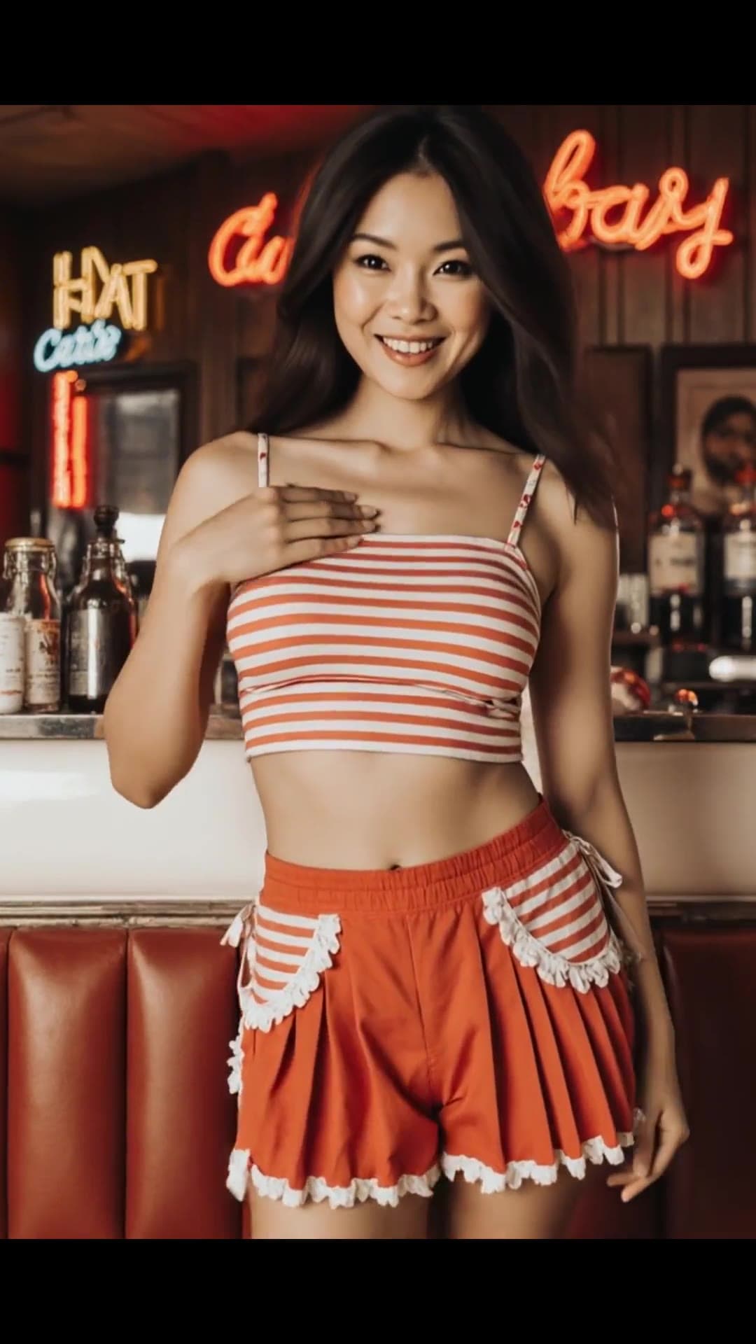 Latina in orange crop top at diner