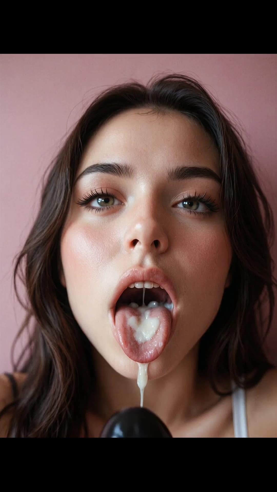 Cum dripping from tongue on dildo
