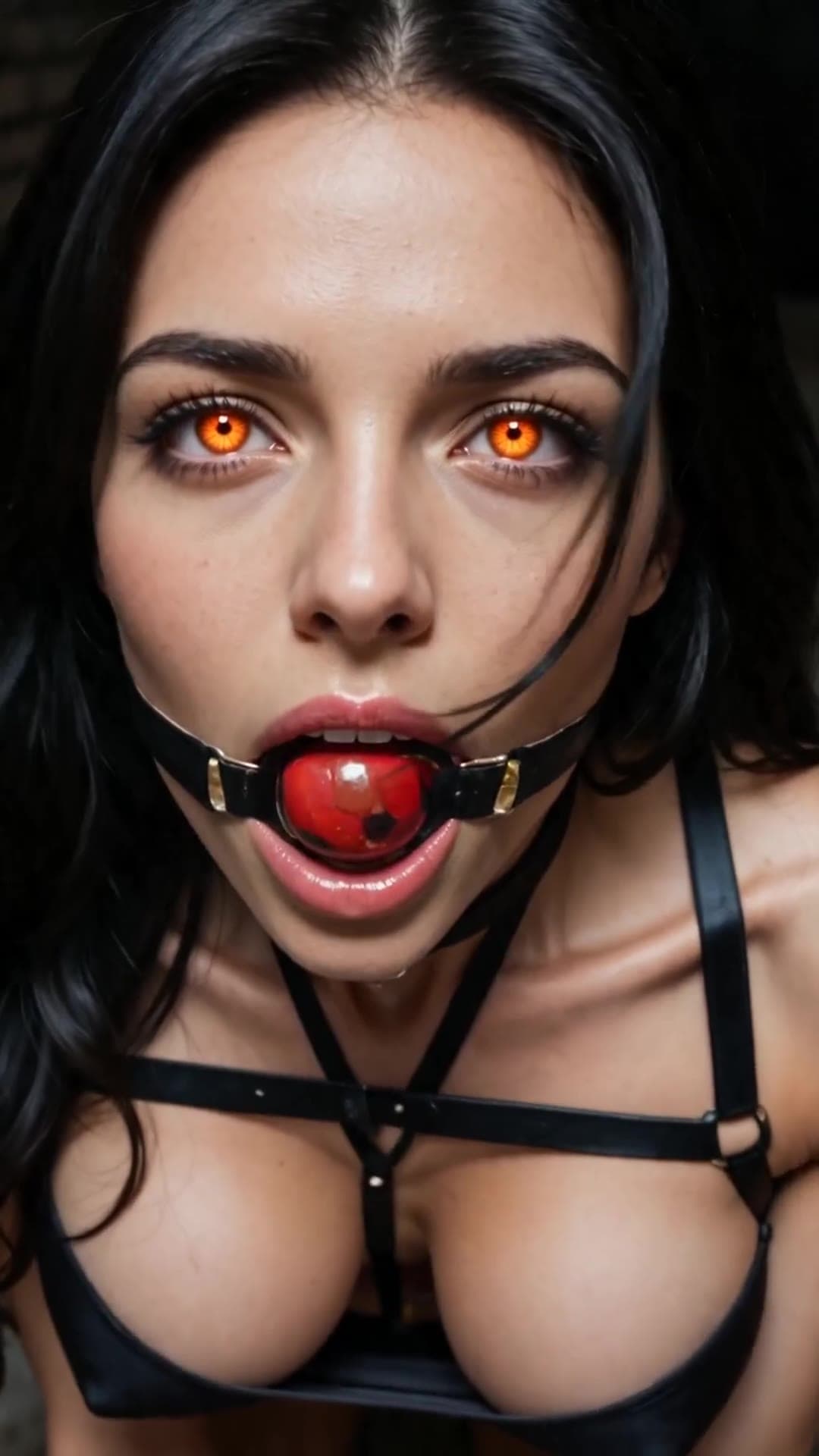 Young adult in leather harness and ball gag
