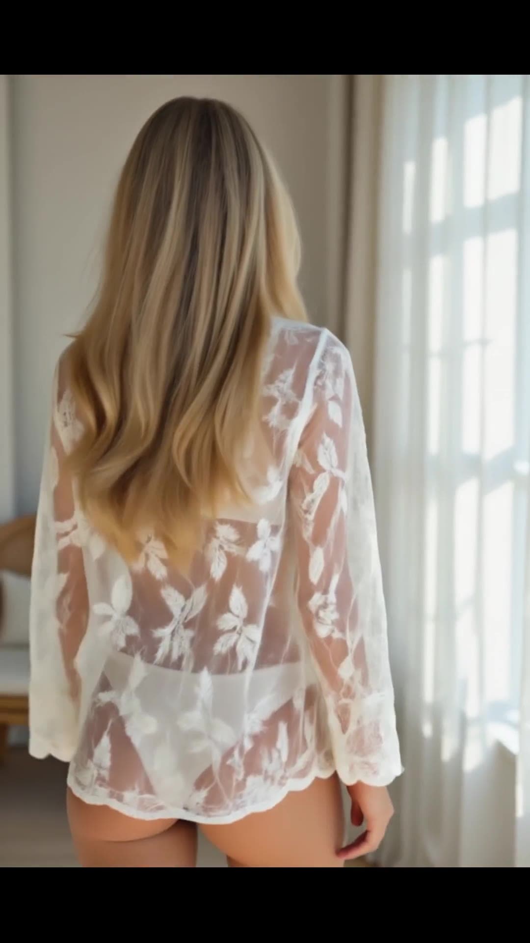 Early 20s blonde sheer robe from behind
