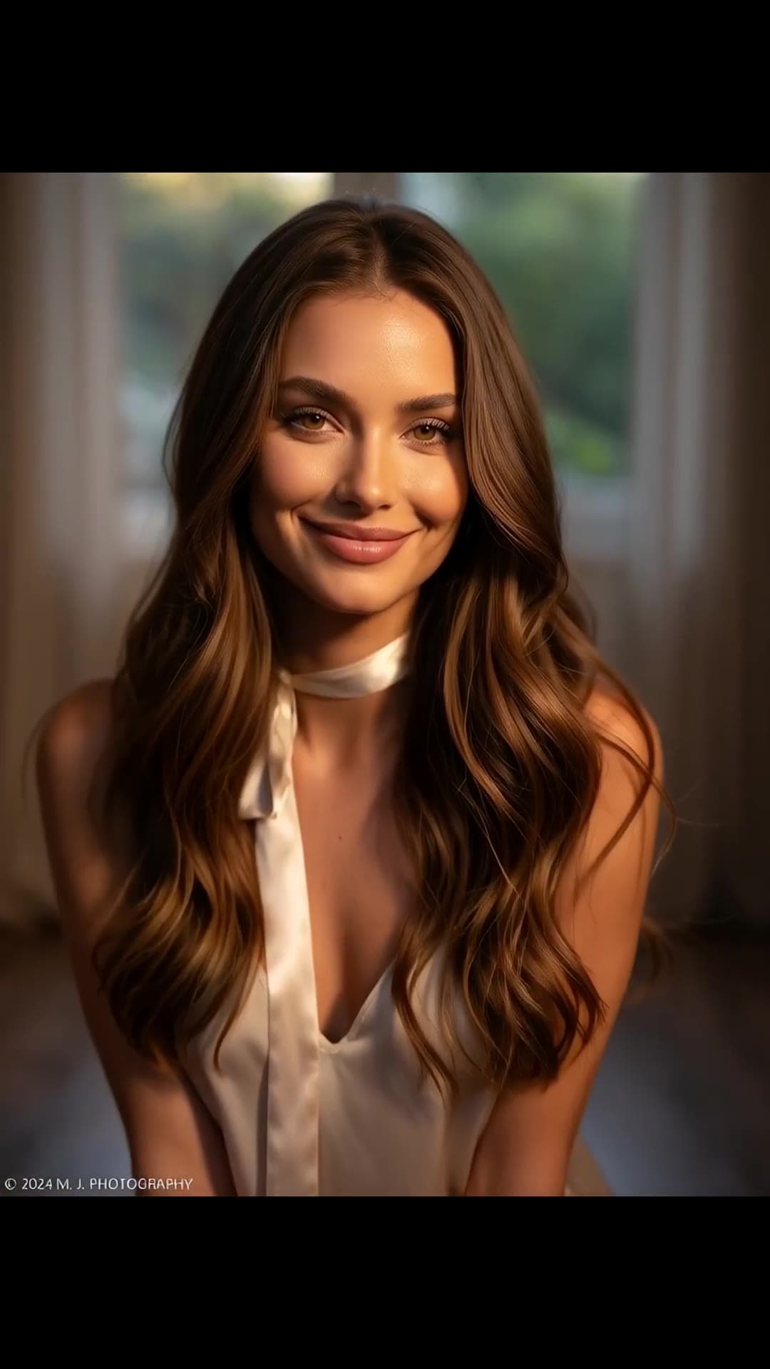 Long wavy brown hair soft smile