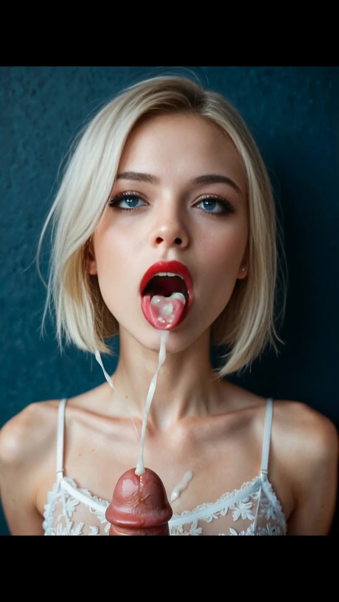 Small natural tits cum on tongue closeup