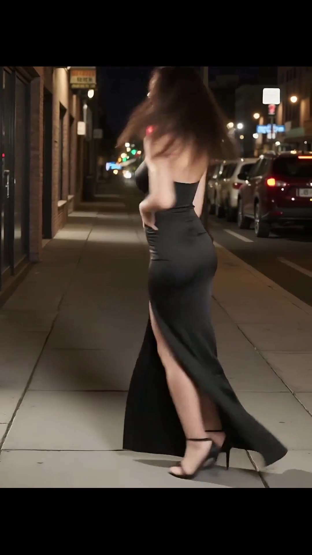 Curvy blonde in backless dress night street