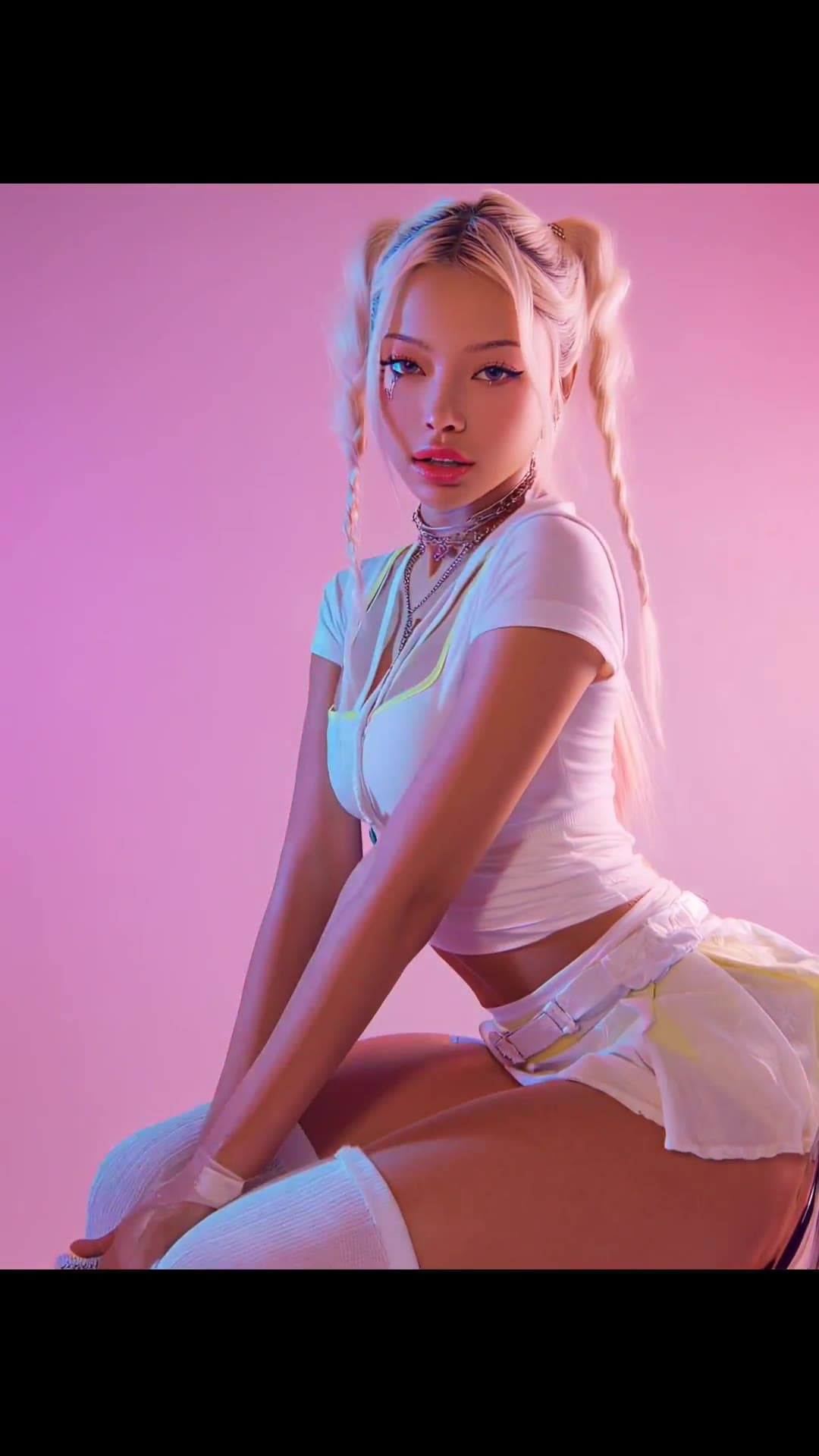 Legs spread wide in pink studio