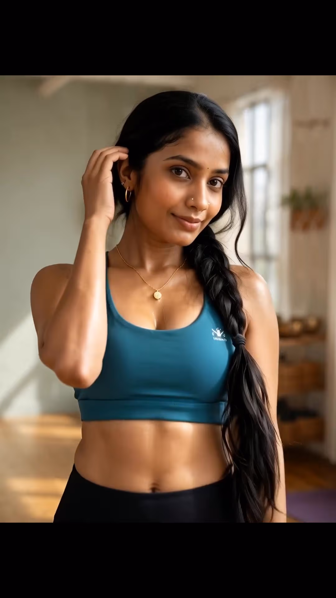Athletic woman in teal sports bra studio