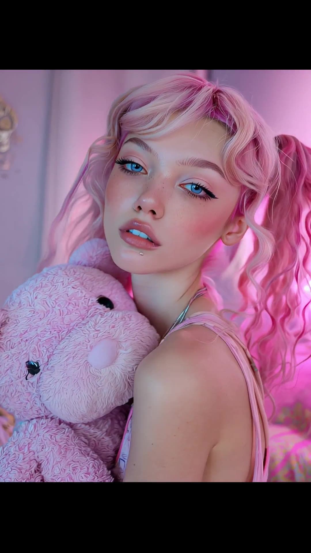 Early 20s pink pigtails teddy hug
