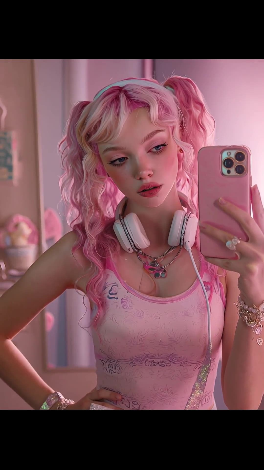 Pink pigtails selfie in bedroom