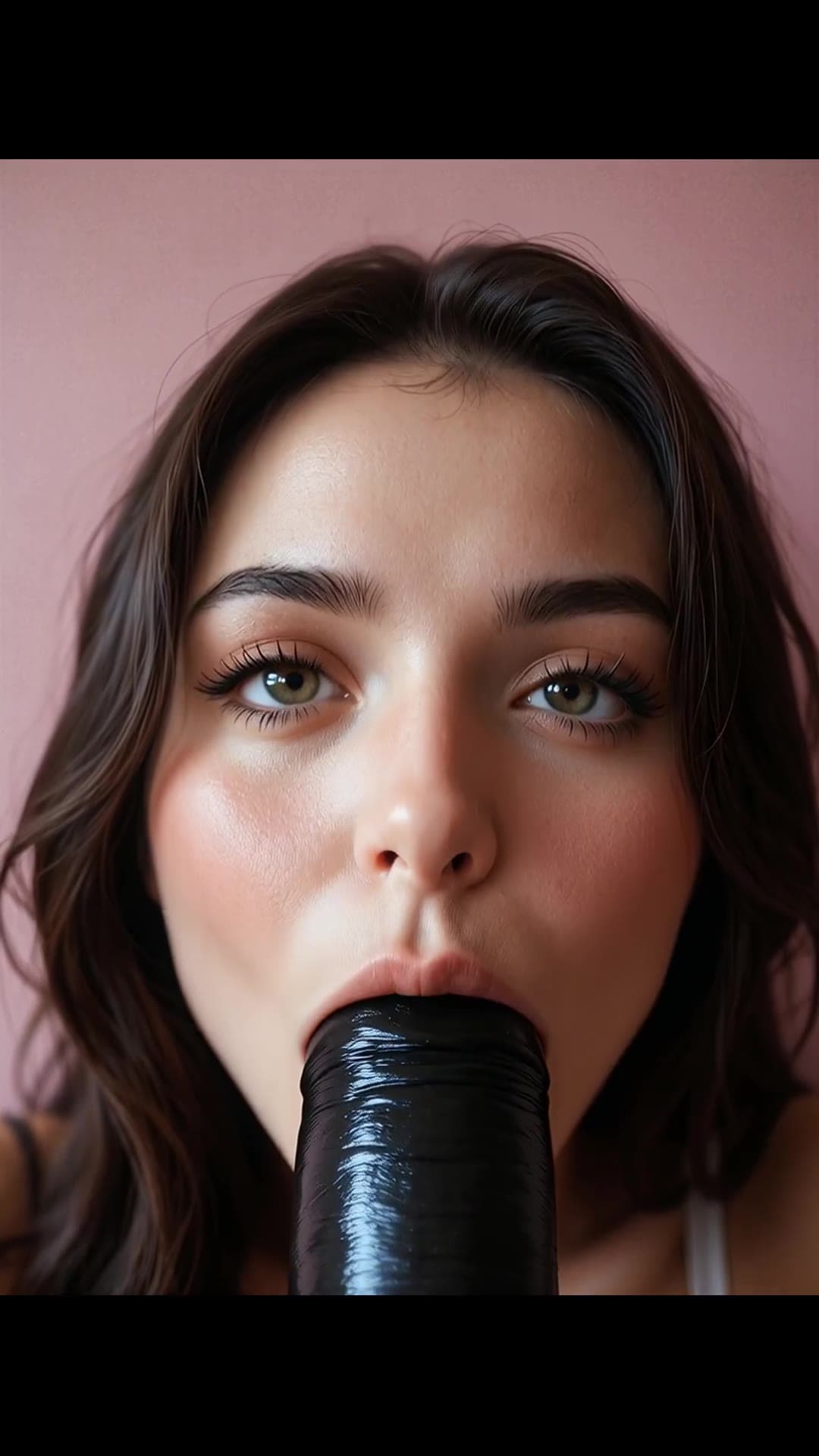 Early 20s brunette deepthroats dildo