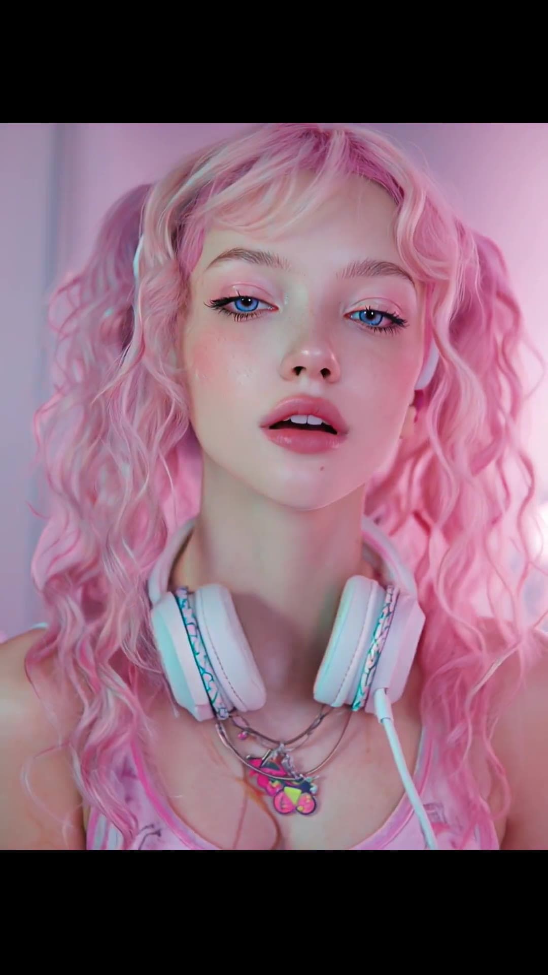 Pink pigtails cleavage closeup