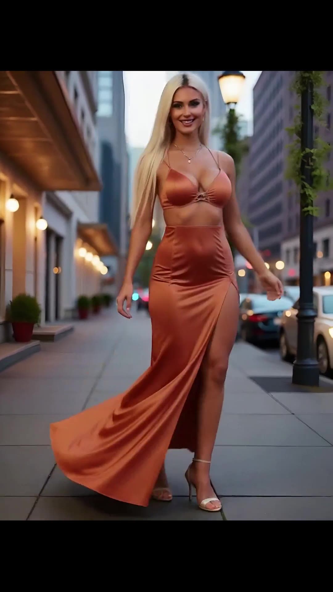 Young adult blonde in satin street outfit