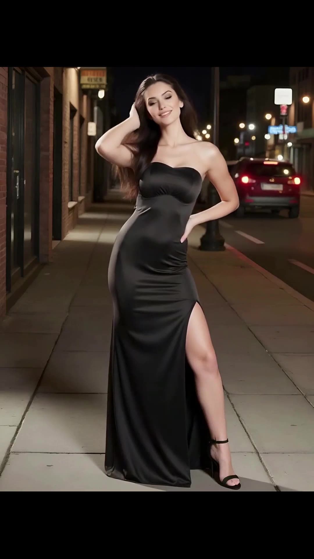 Curvy latina in black satin gown