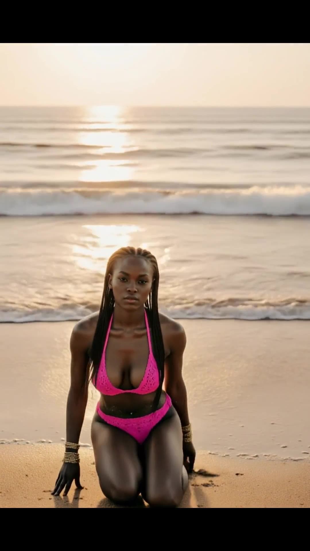 Kneeling pink bikini on wet sand